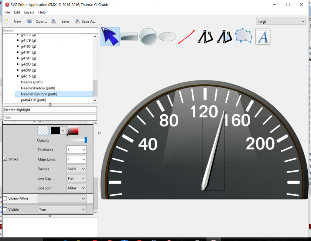 Finding and changing the needle in speedometer SVG using the SVG Editor Demo application included with the RSCL